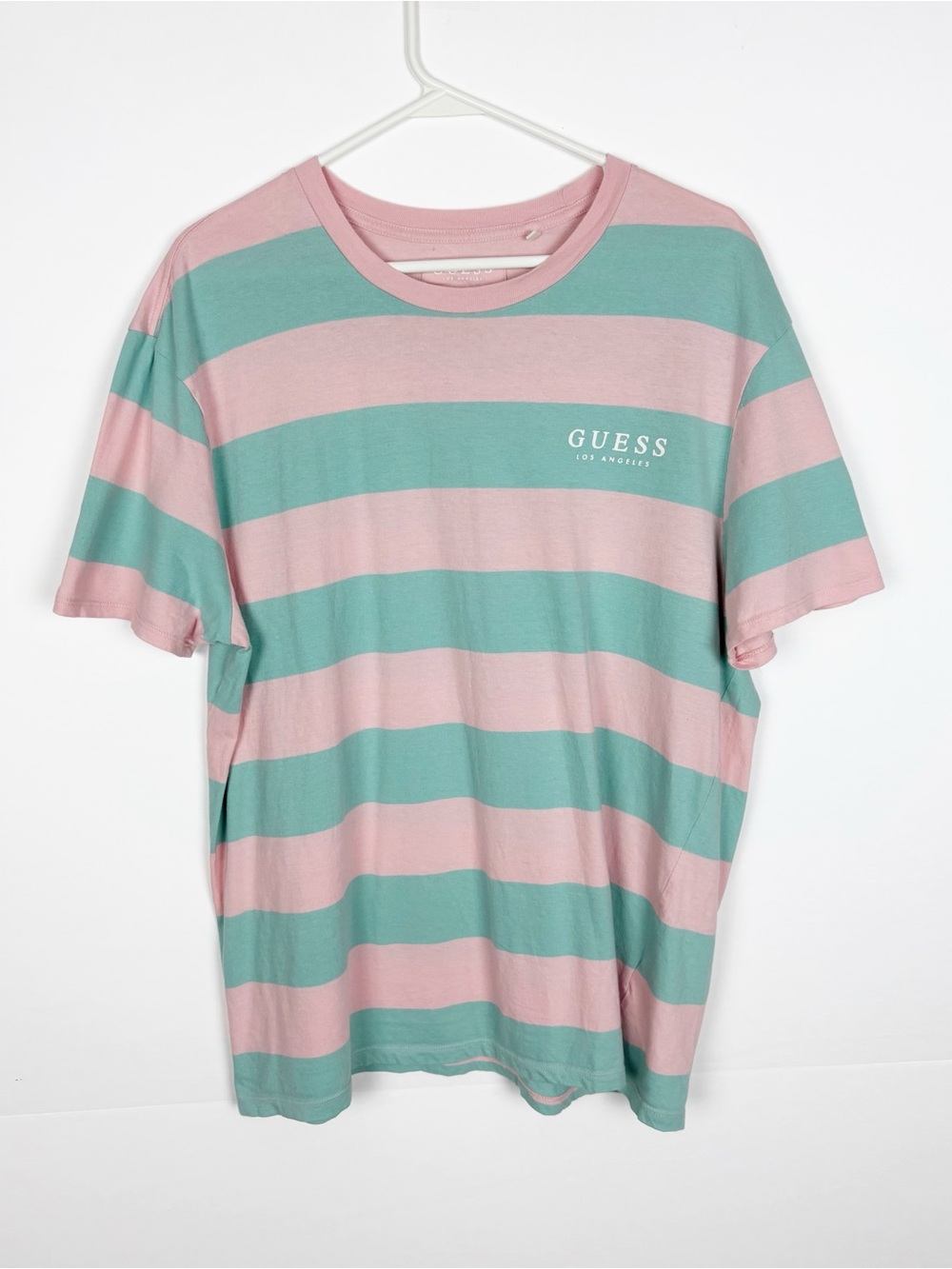 Guess T Shirt Men’s Size XL Pink Green Striped Short Sleeve Crew Neck